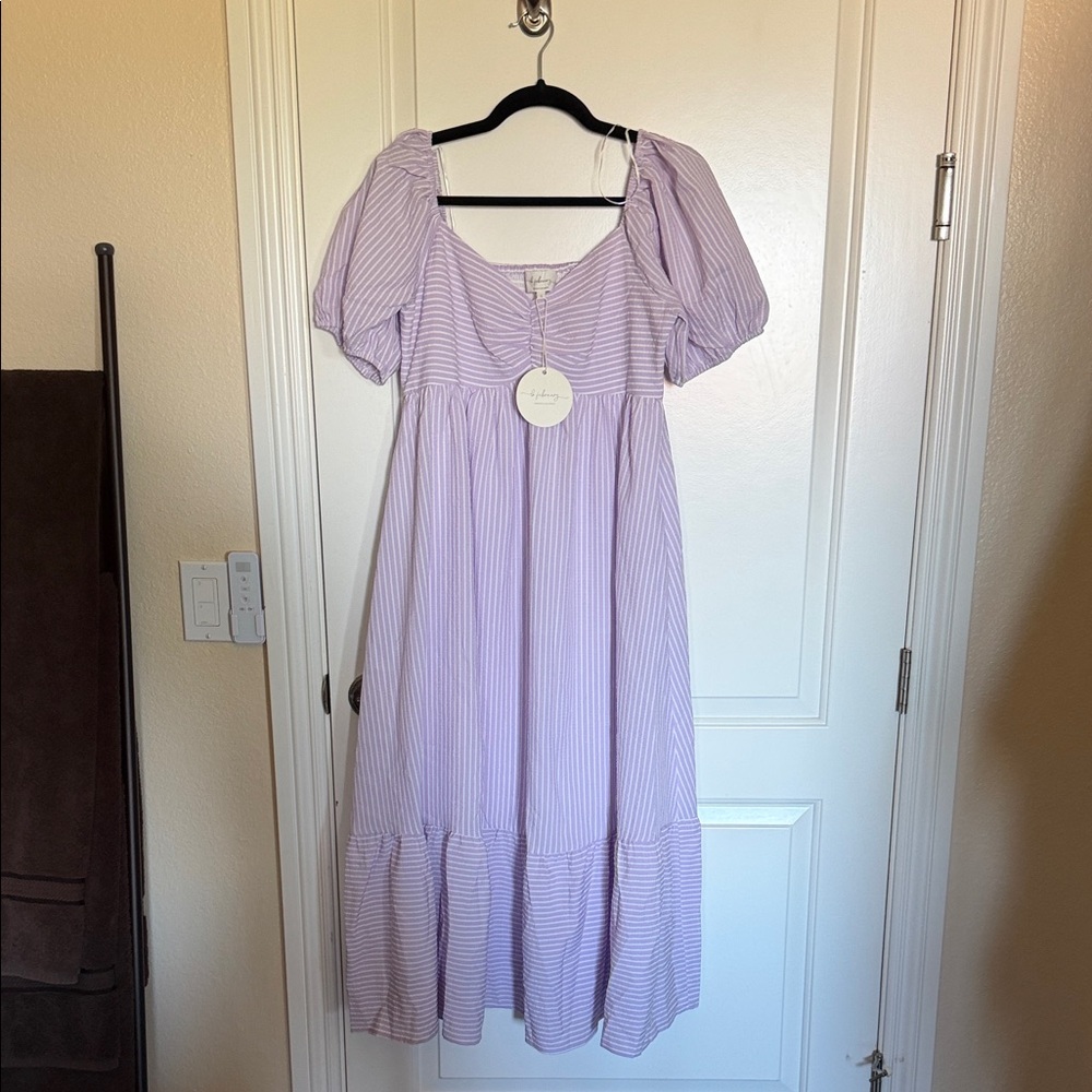 Pink Blush Maternity lavender and white seersucker dress NWT